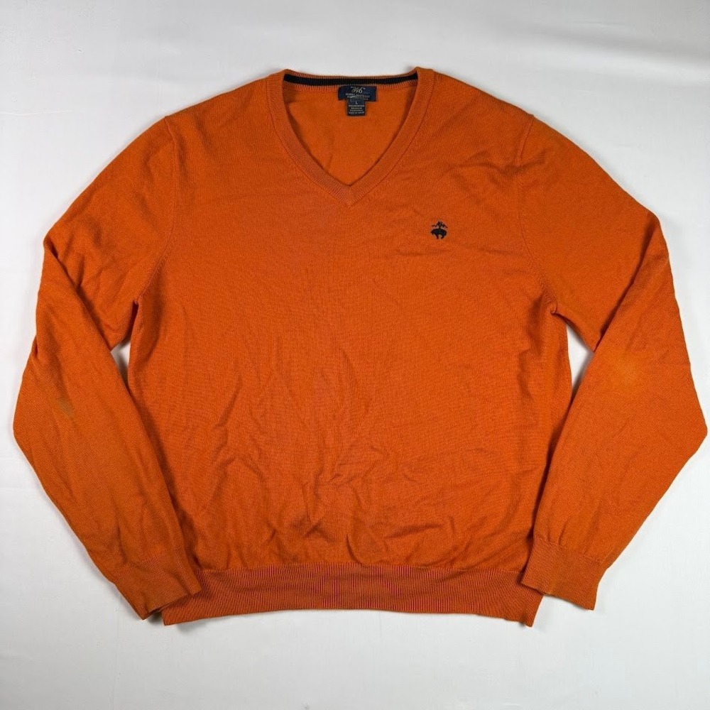 Brooks Brothers 346 Mens Orange Extra Fine Merino Wool V-Neck Sweater Large